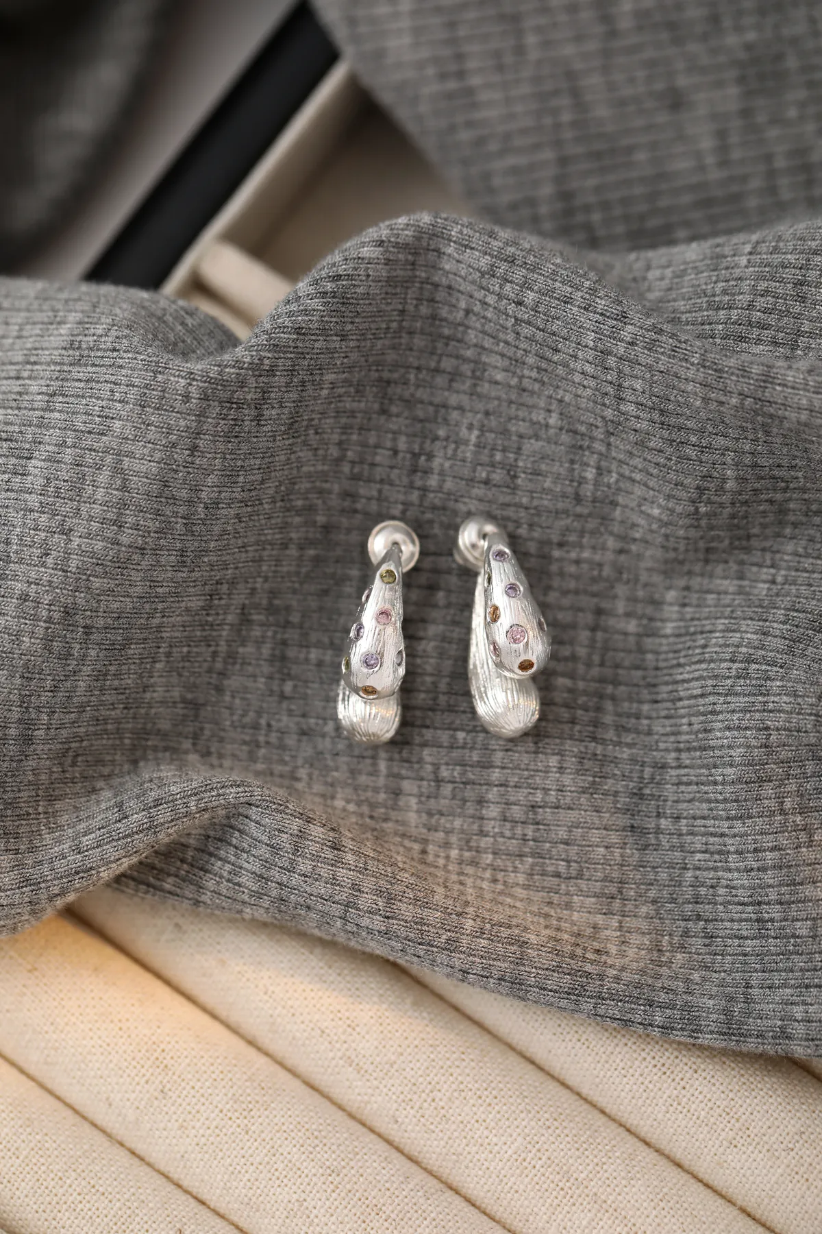 Silver Teardrop Drop Earrings - Multicolor Gems product image 2