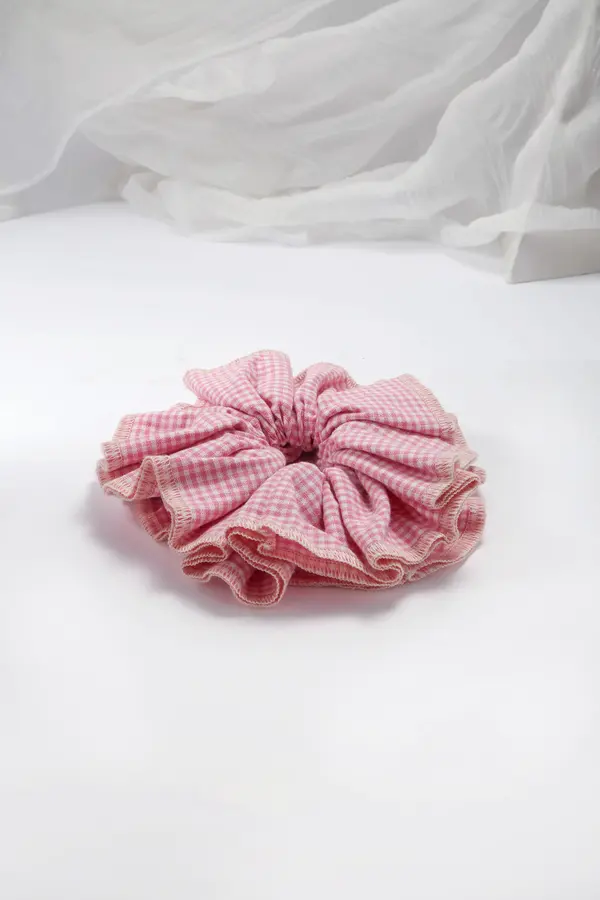 Pink Gingham Ruffle Scrunchie - Sweet Hair Tie product image 2