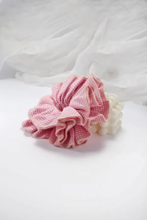 Pink Gingham Ruffle Scrunchie - Sweet Hair Tie product image 3