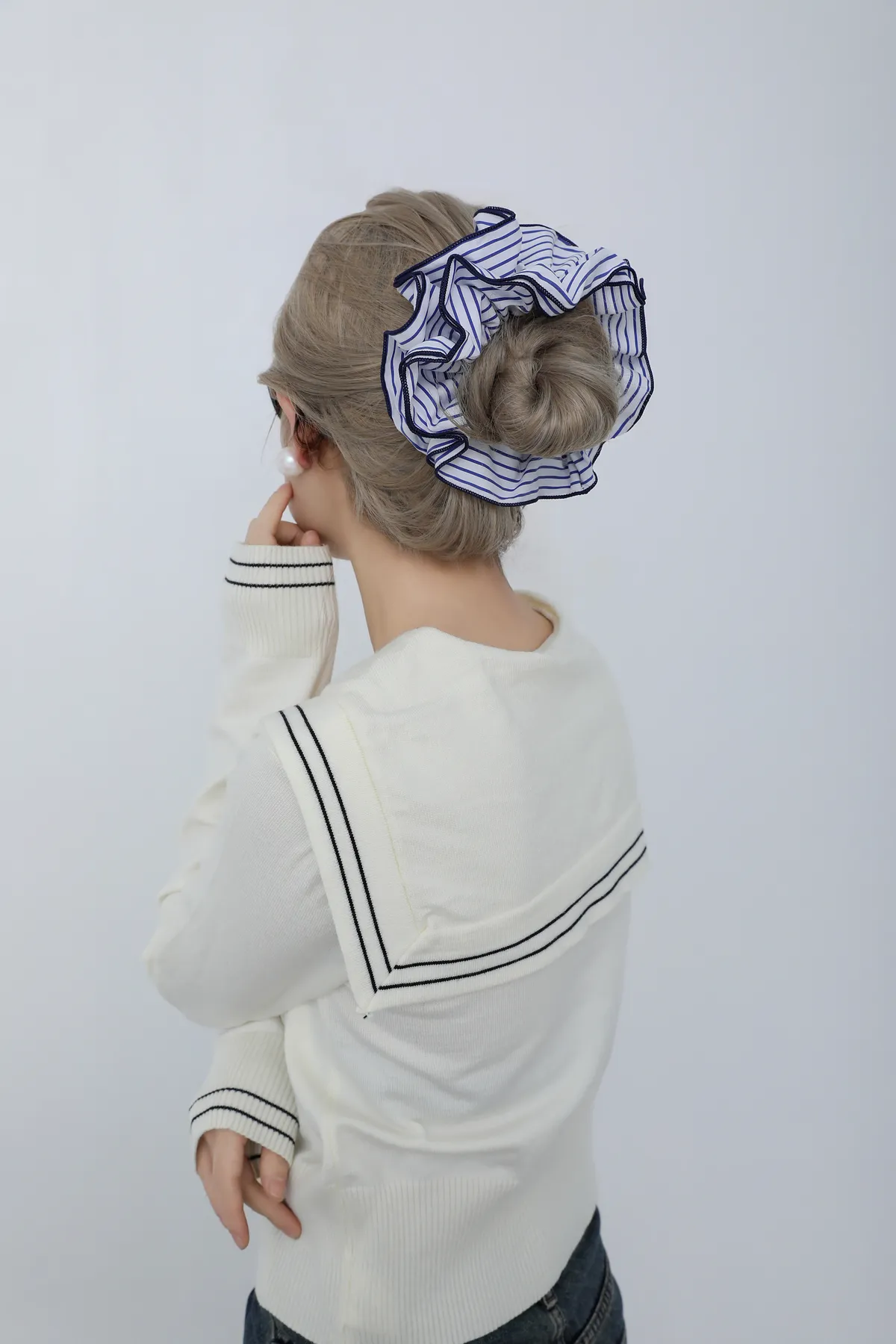 Blue Stripe Ruffle Scrunchie - Navy-Trim Hair Tie product image 4