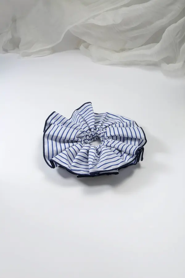 Blue Stripe Ruffle Scrunchie - Navy-Trim Hair Tie product image 2