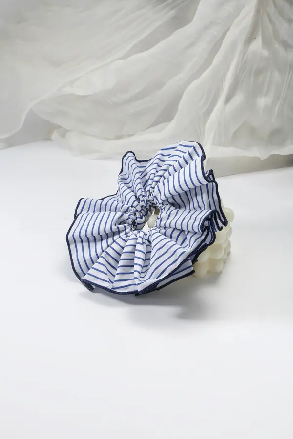 Blue Stripe Ruffle Scrunchie - Navy-Trim Hair Tie product image 3