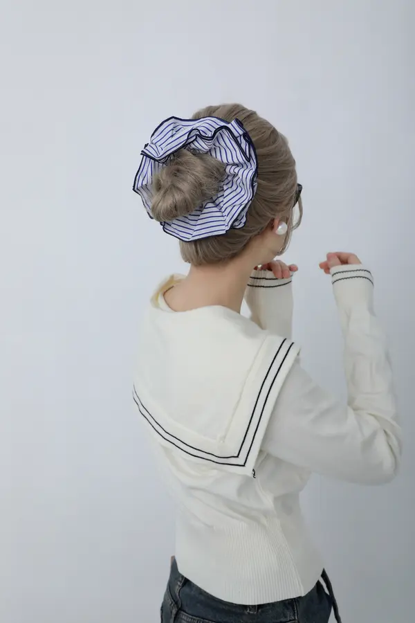 Blue Stripe Ruffle Scrunchie - Navy-Trim Hair Tie product image 5