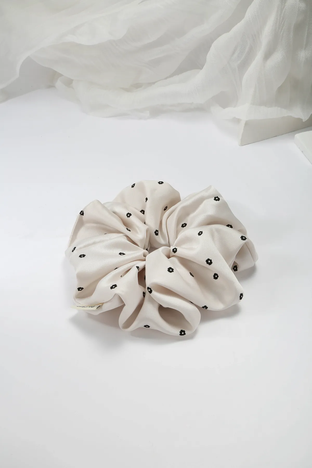 Ivory Floral Satin Scrunchie - Silky Hair Tie product image 2