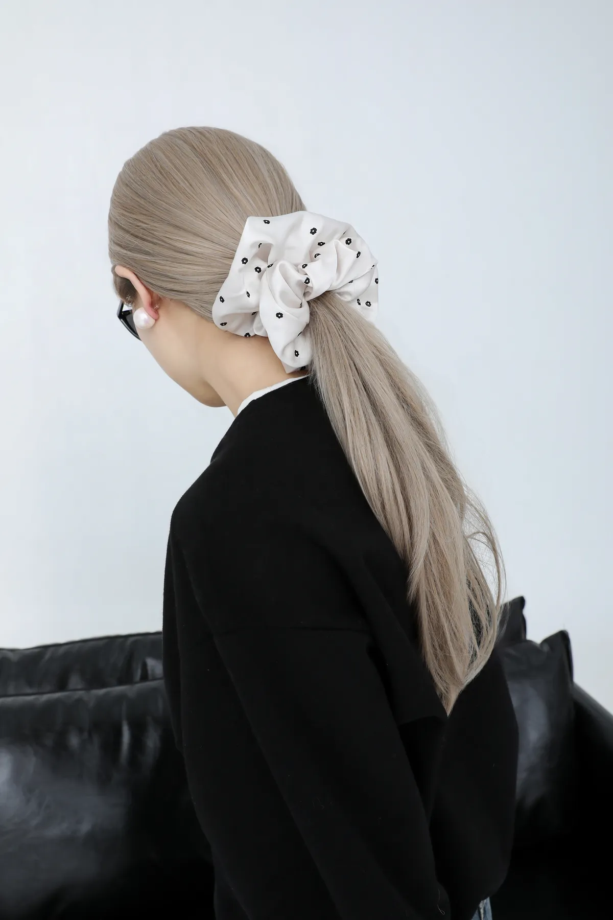 Ivory Floral Satin Scrunchie - Silky Hair Tie product image 7