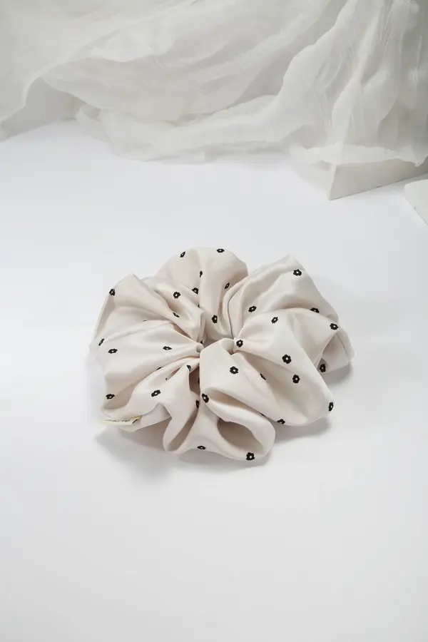 Ivory Floral Satin Scrunchie - Silky Hair Tie product image 2