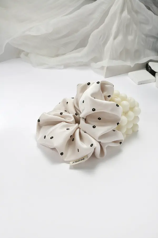 Ivory Floral Satin Scrunchie - Silky Hair Tie product image 3