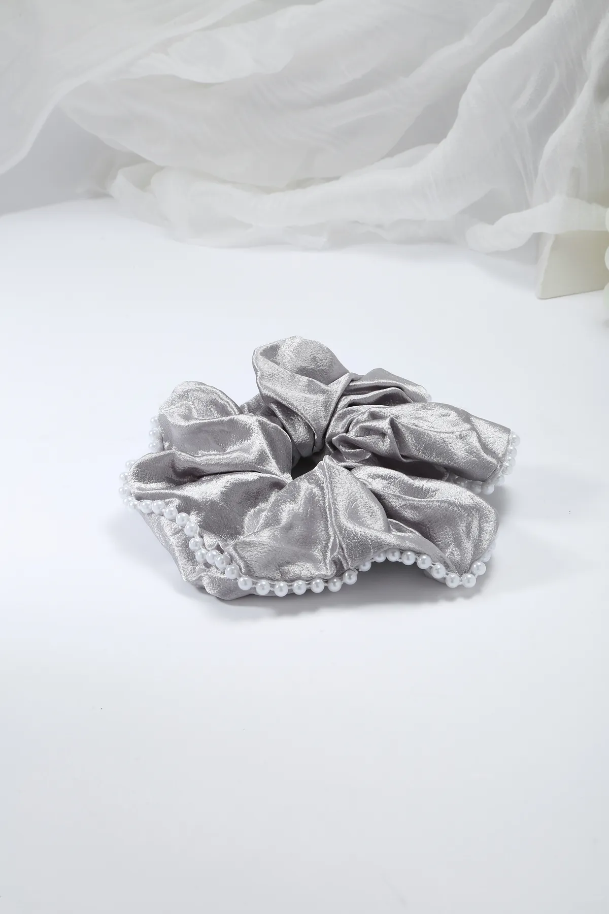 Pearl-Trim Satin Scrunchie - Silver Grey Hair Tie product image 2