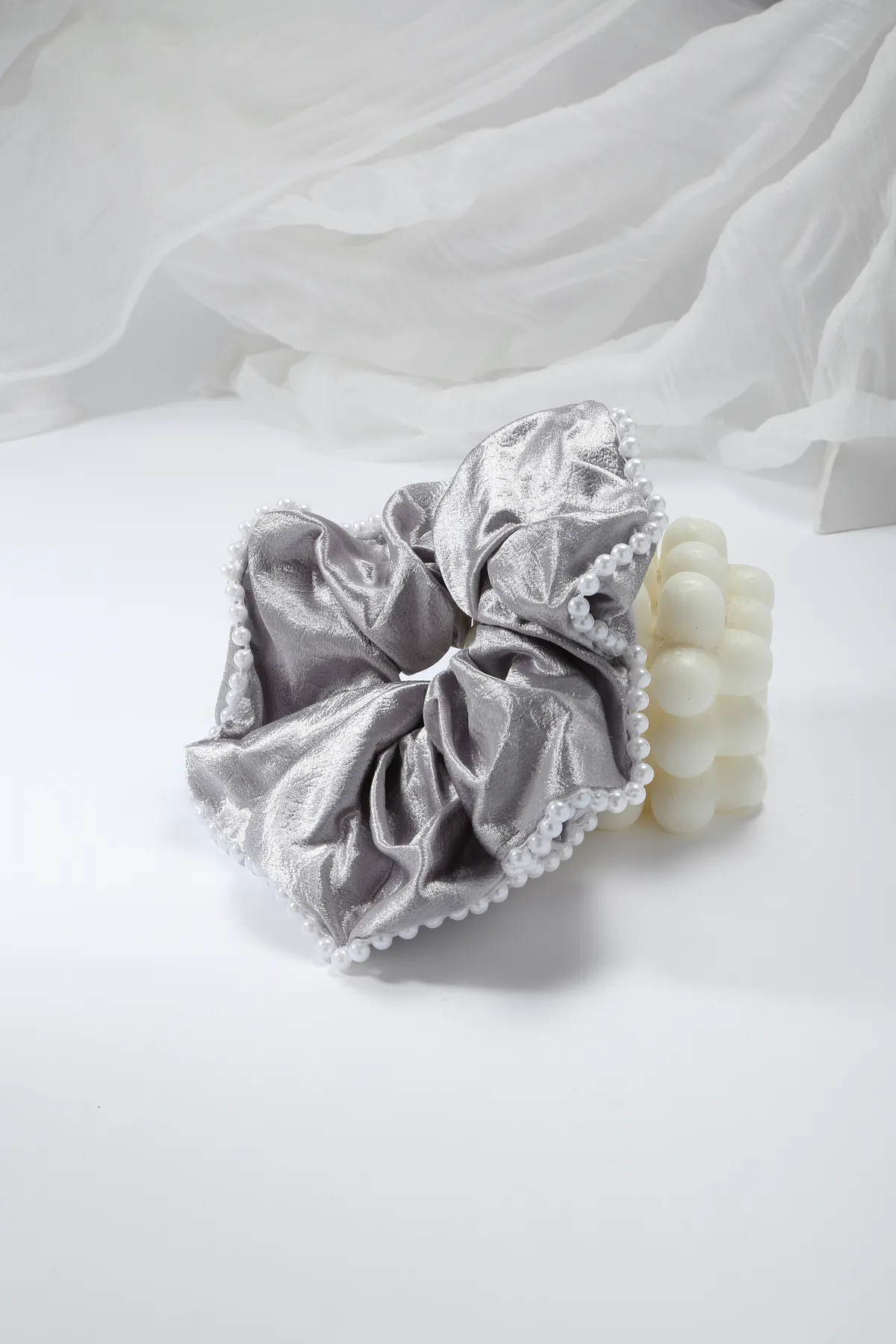 Pearl-Trim Satin Scrunchie - Silver Grey Hair Tie product image 3