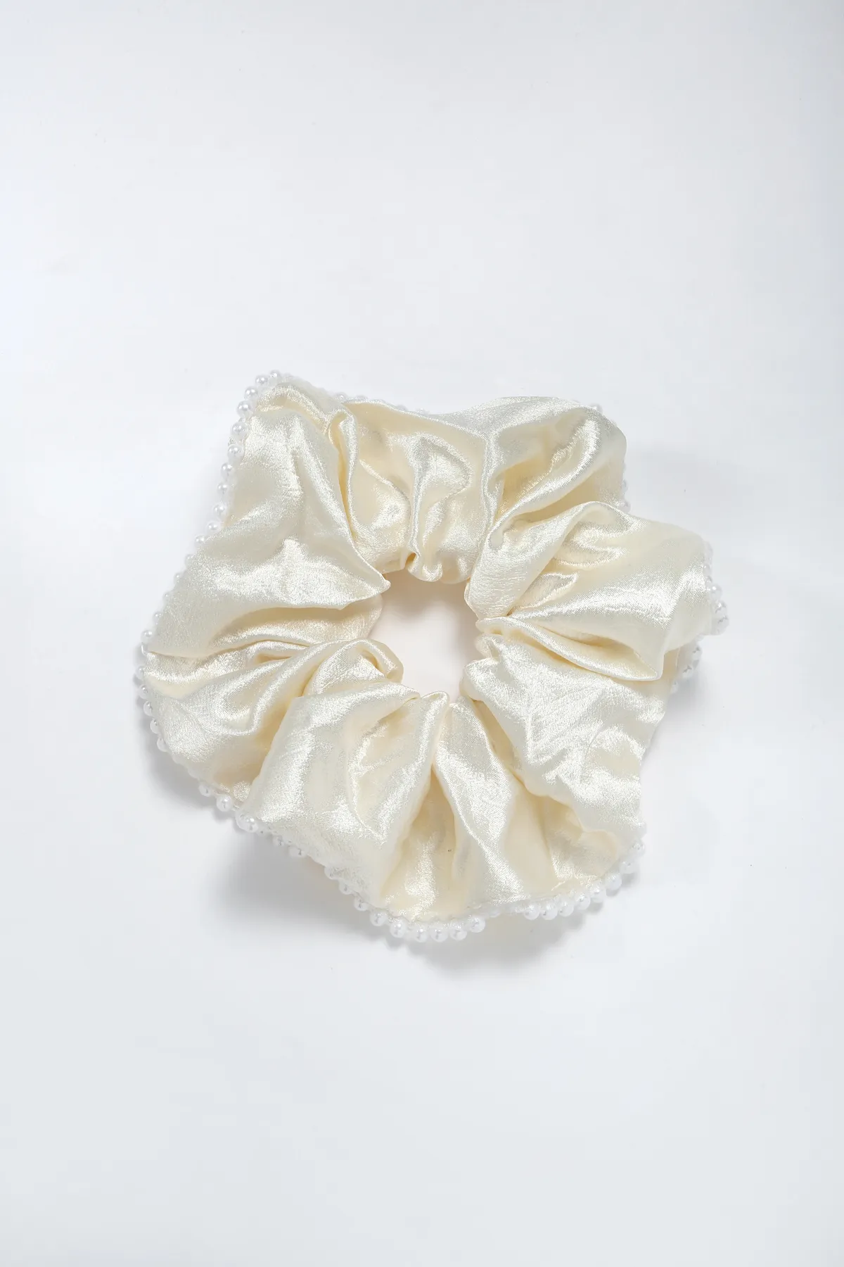 Pearl-Trim Satin Scrunchie - Silver Grey Hair Tie product image 4