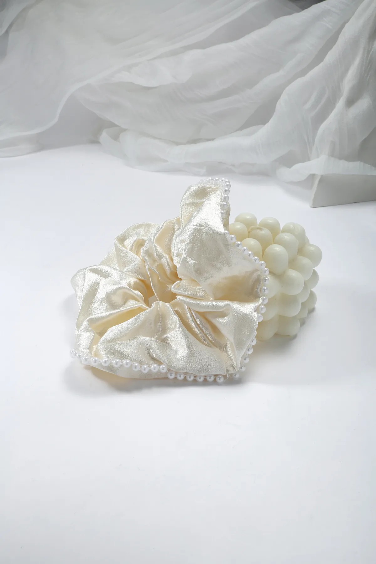 Pearl-Trim Satin Scrunchie - Silver Grey Hair Tie product image 6