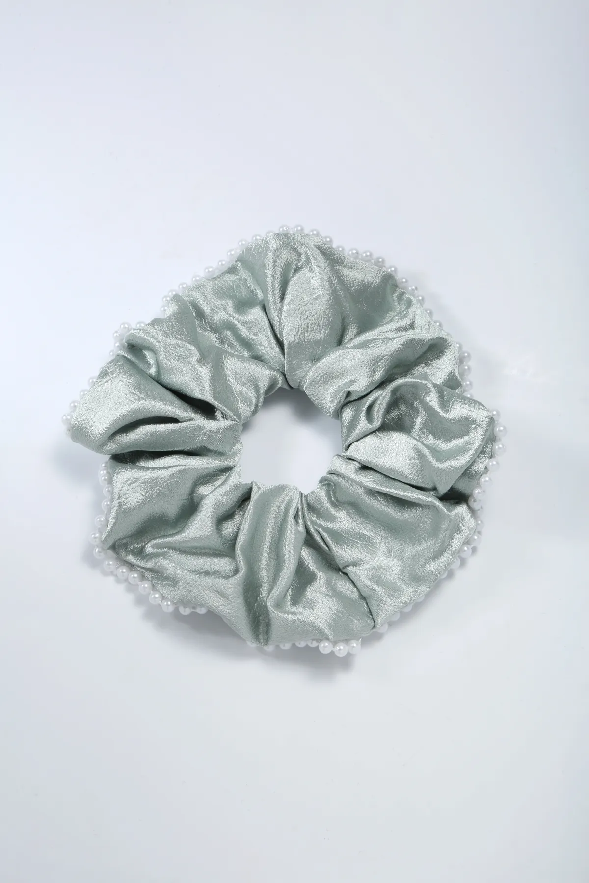 Pearl-Trim Satin Scrunchie - Silver Grey Hair Tie product image 7