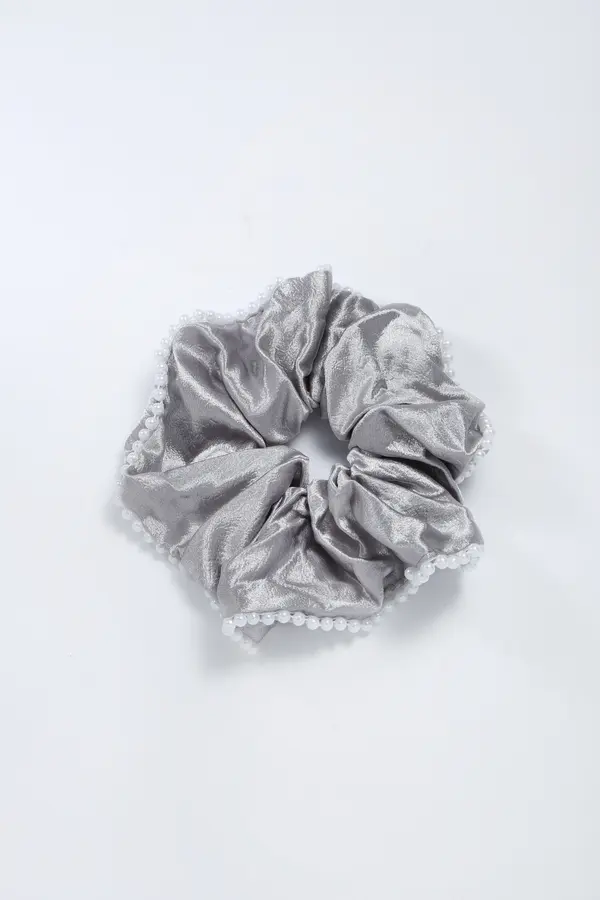 Pearl-Trim Satin Scrunchie - Silver Grey Hair Tie product image 1