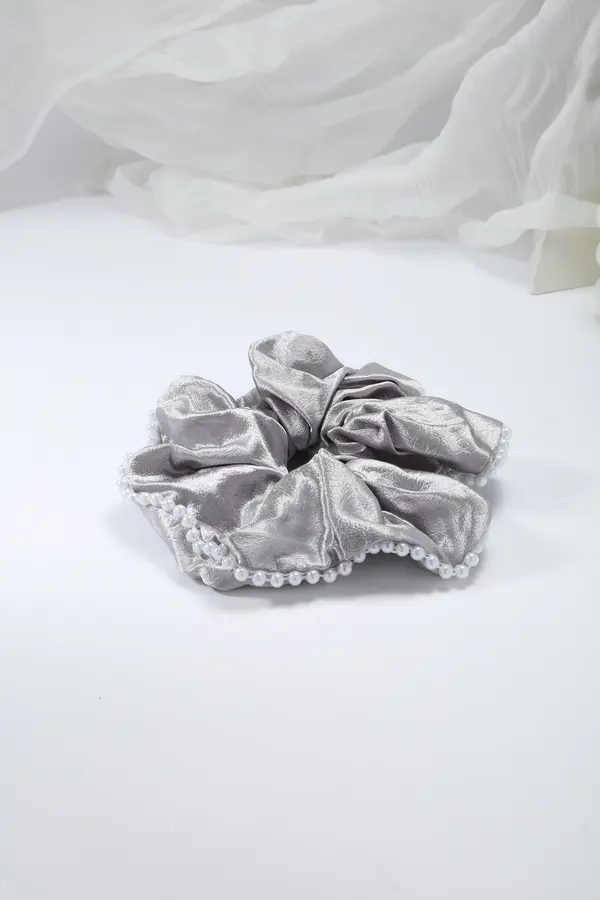 Pearl-Trim Satin Scrunchie - Silver Grey Hair Tie product image 2