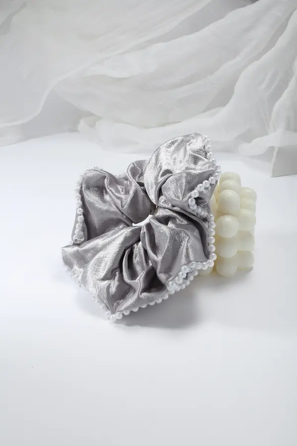 Pearl-Trim Satin Scrunchie - Silver Grey Hair Tie product image 3
