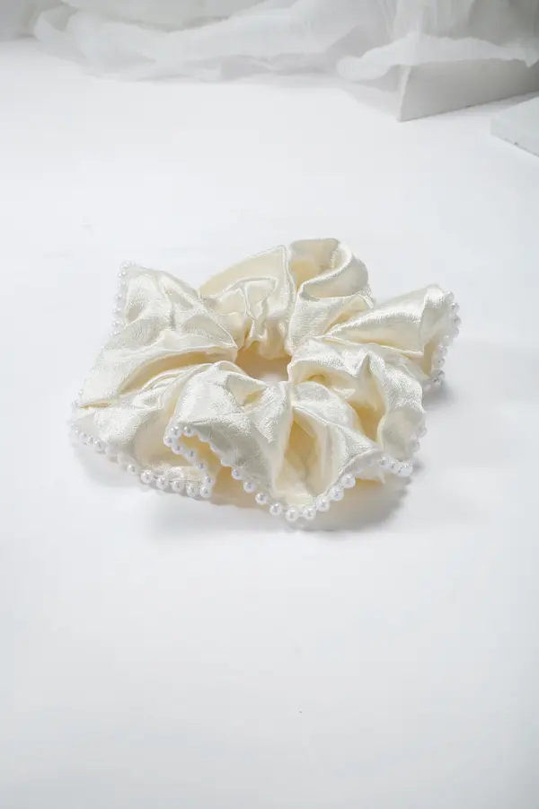 Pearl-Trim Satin Scrunchie - Silver Grey Hair Tie product image 5