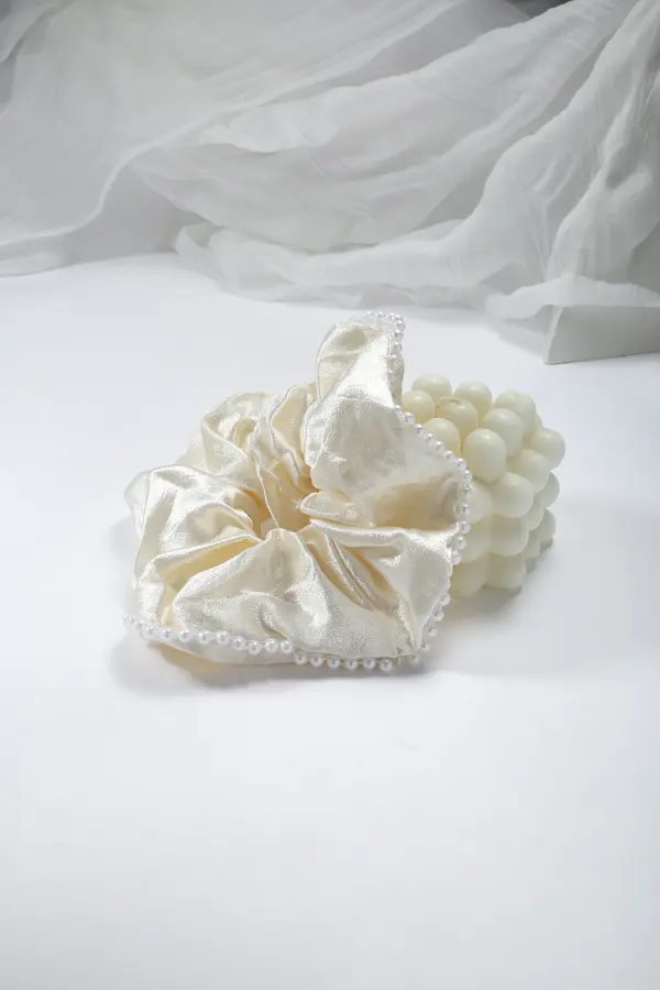 Pearl-Trim Satin Scrunchie - Silver Grey Hair Tie product image 6