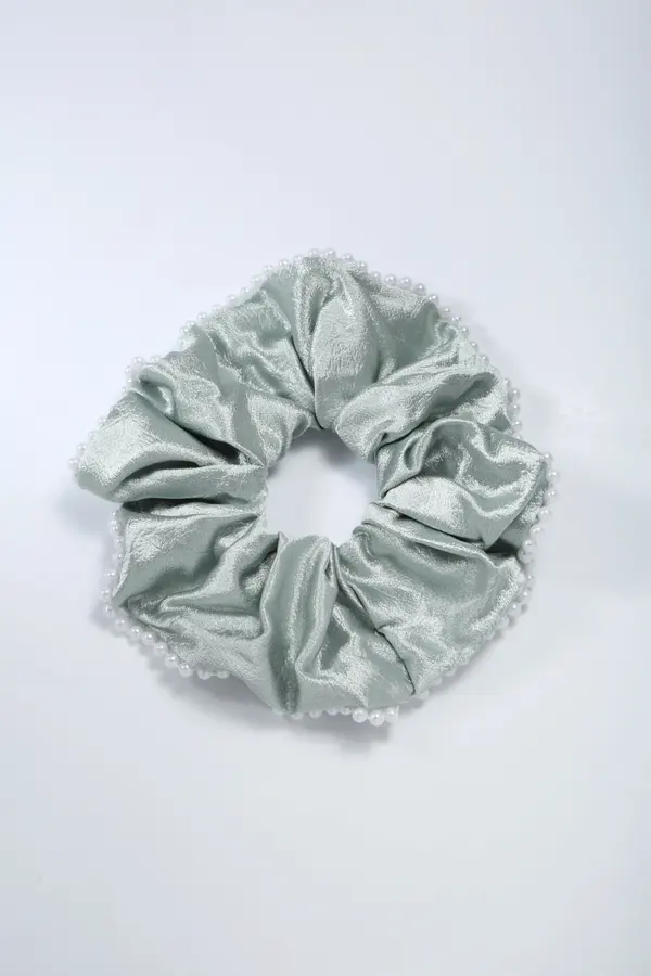Pearl-Trim Satin Scrunchie - Silver Grey Hair Tie product image 7