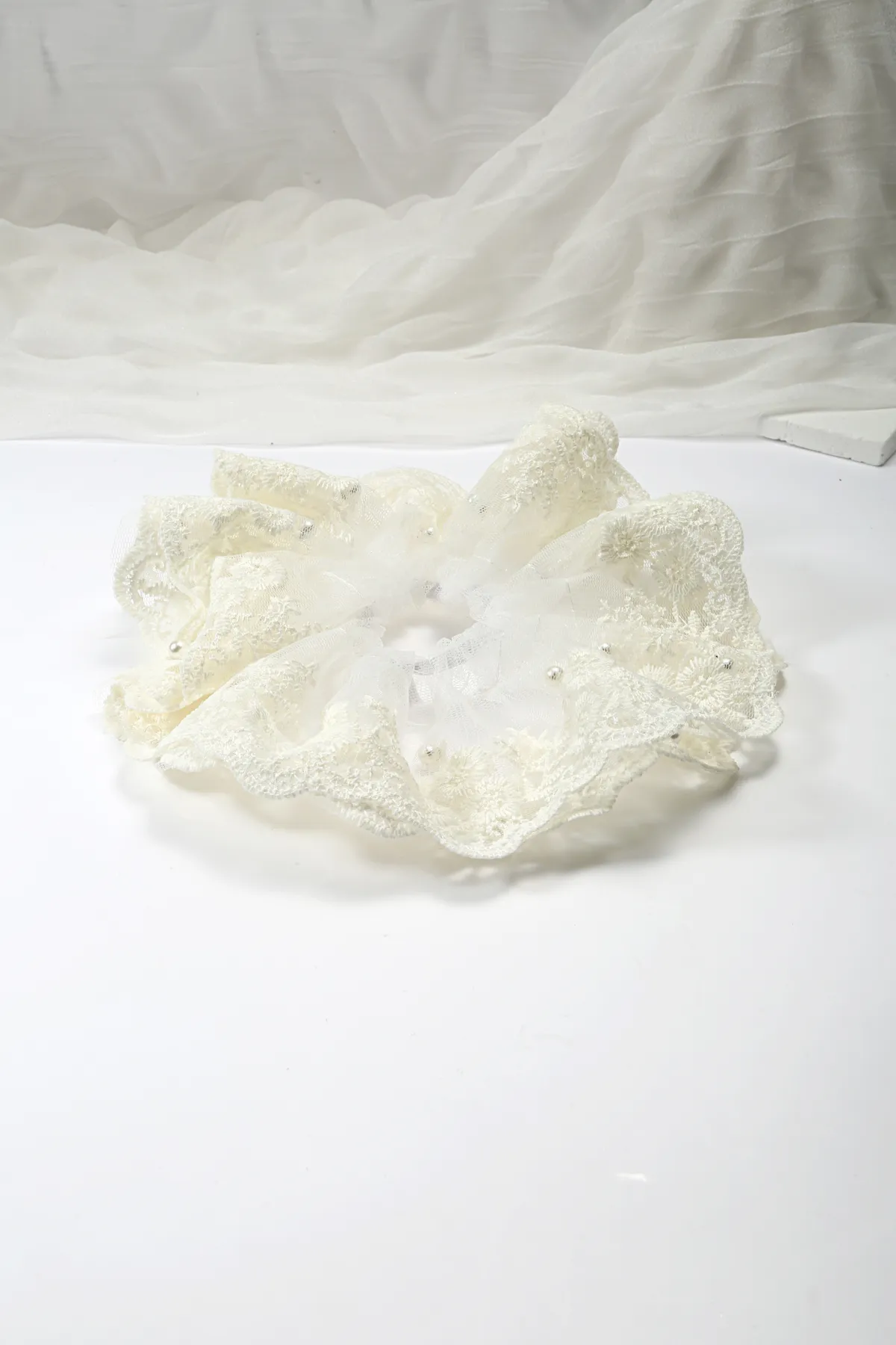Lace and Pearl Bridal Scrunchie - Ivory Hair Tie product image 2