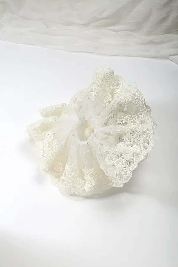 Lace and Pearl Bridal Scrunchie - Ivory Hair Tie product image 1