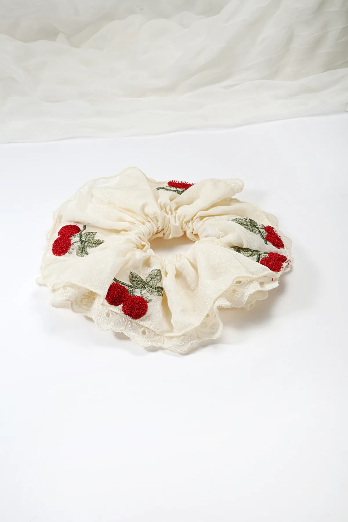 Cherry Embroidered Scrunchie - Chiffon Hair Tie product image 4