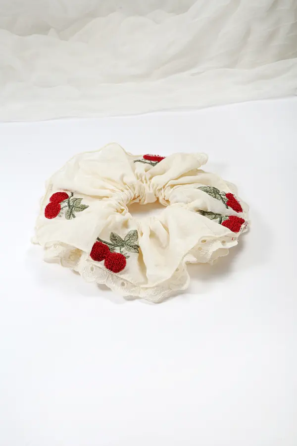 Cherry Embroidered Scrunchie - Chiffon Hair Tie product image 3