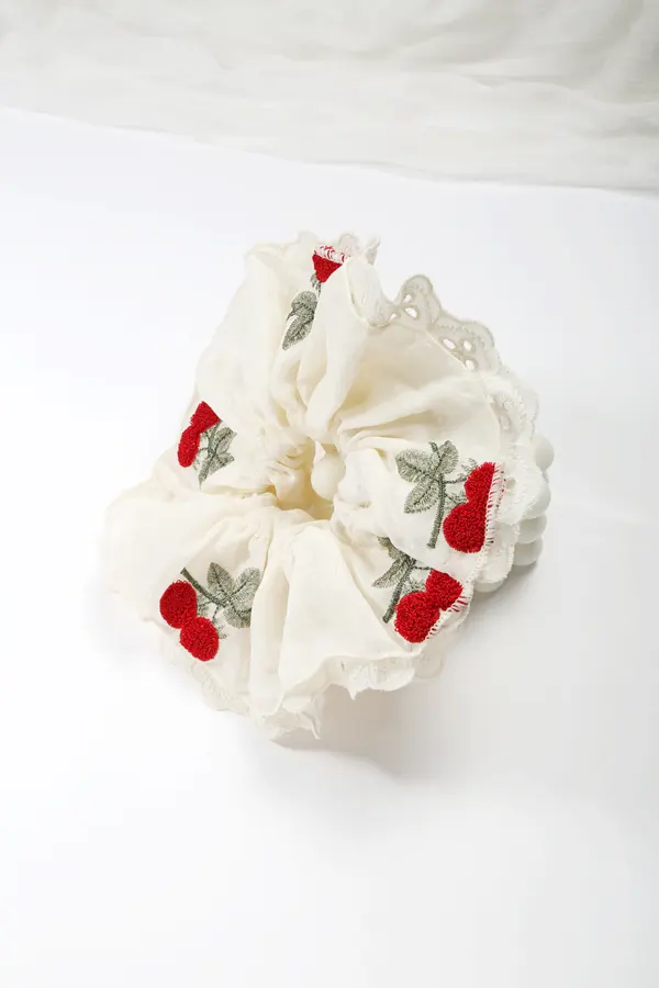 Cherry Embroidered Scrunchie - Chiffon Hair Tie product image 6