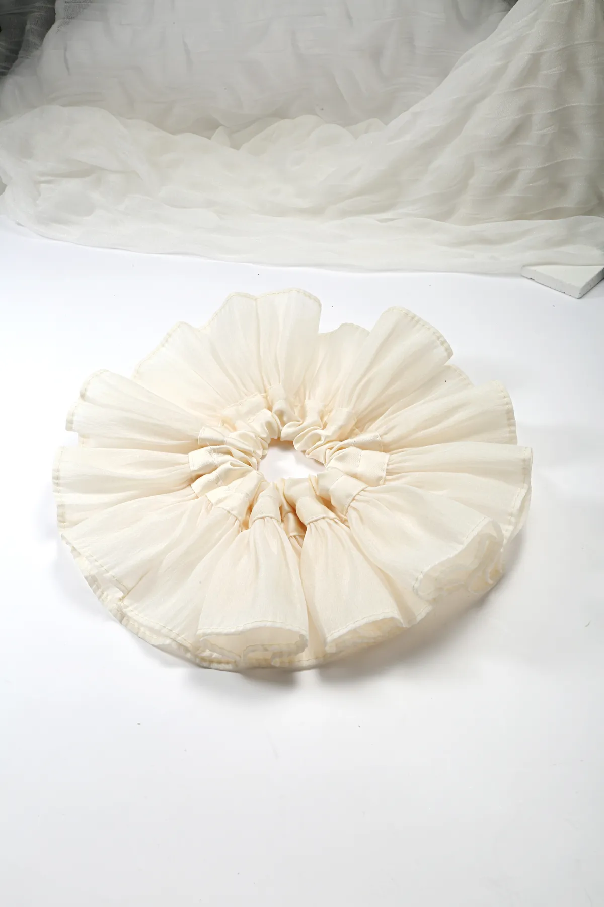 Cream Chiffon Ruffle Scrunchie - Layered Hair Tie product image 2