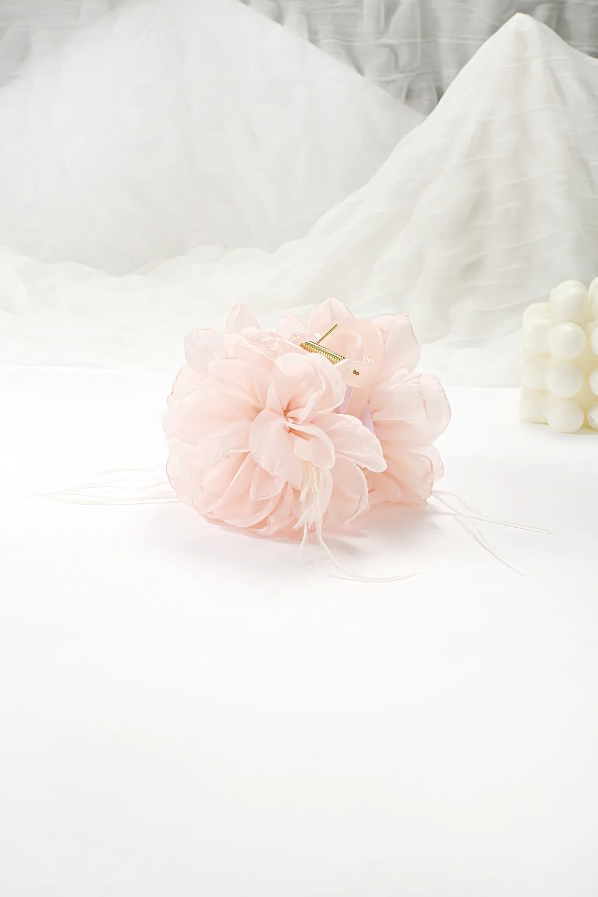 Pink Chiffon Flower Hair Clip - Feather Accent product image 2