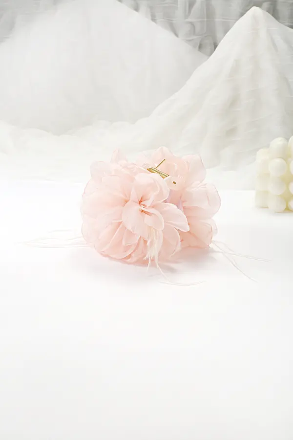 Pink Chiffon Flower Hair Clip - Feather Accent product image 2