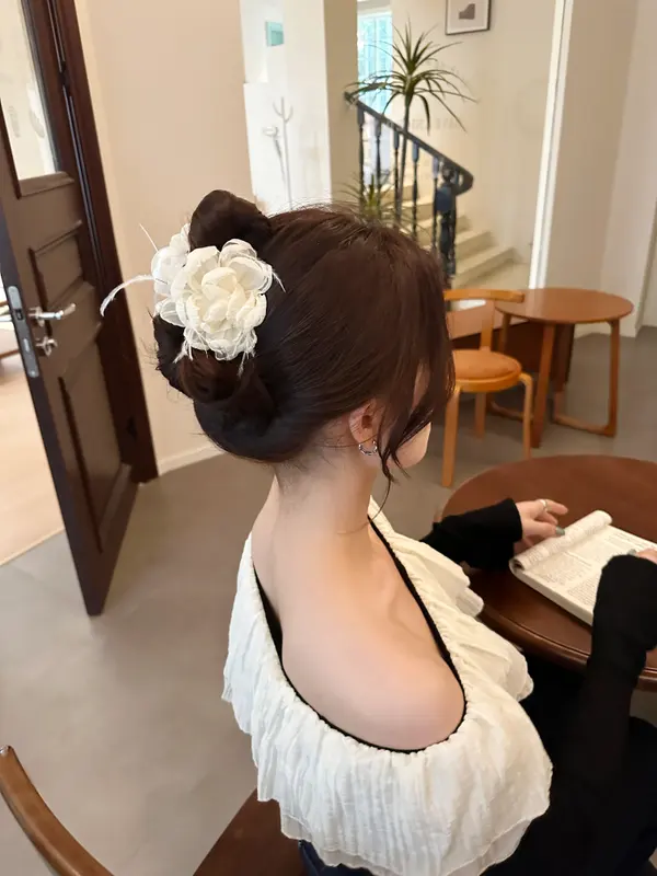 Pink Chiffon Flower Hair Clip - Feather Accent product image 7