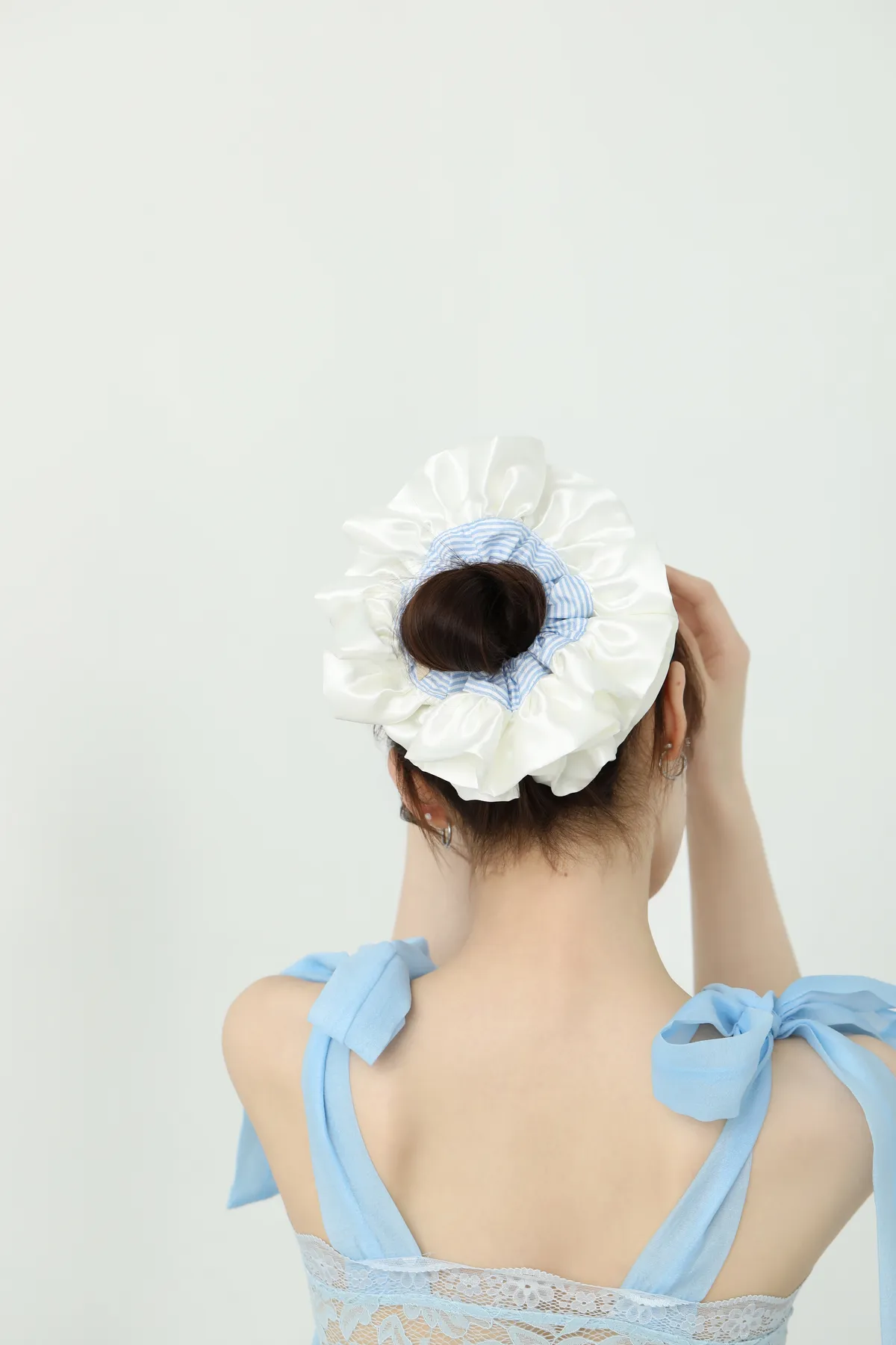 White Satin Scrunchie - Blue Gingham Trim product image 1