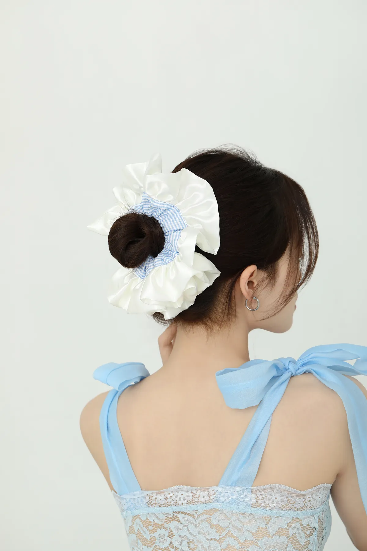 White Satin Scrunchie - Blue Gingham Trim product image 3