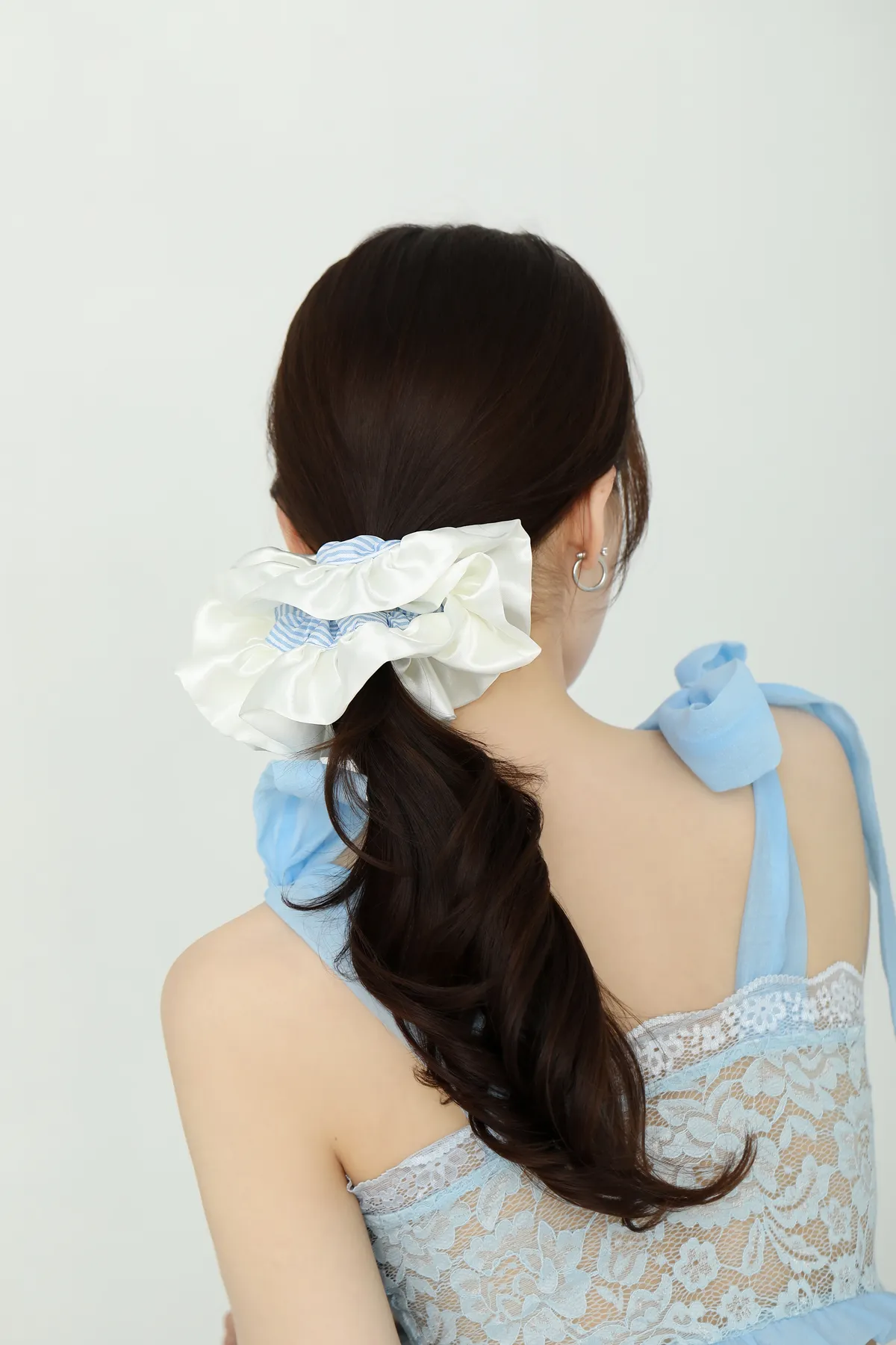 White Satin Scrunchie - Blue Gingham Trim product image 4