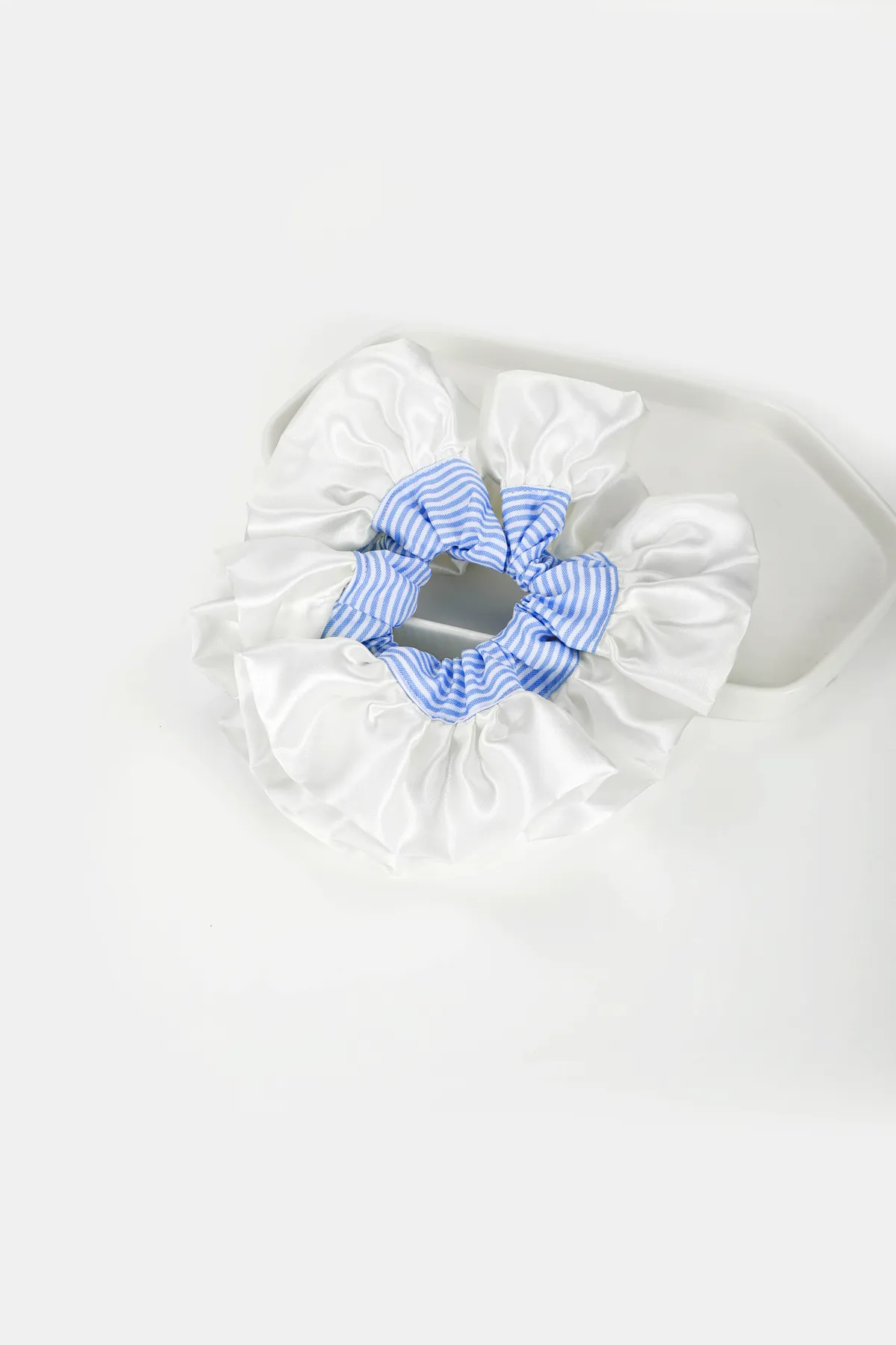 White Satin Scrunchie - Blue Gingham Trim product image 5