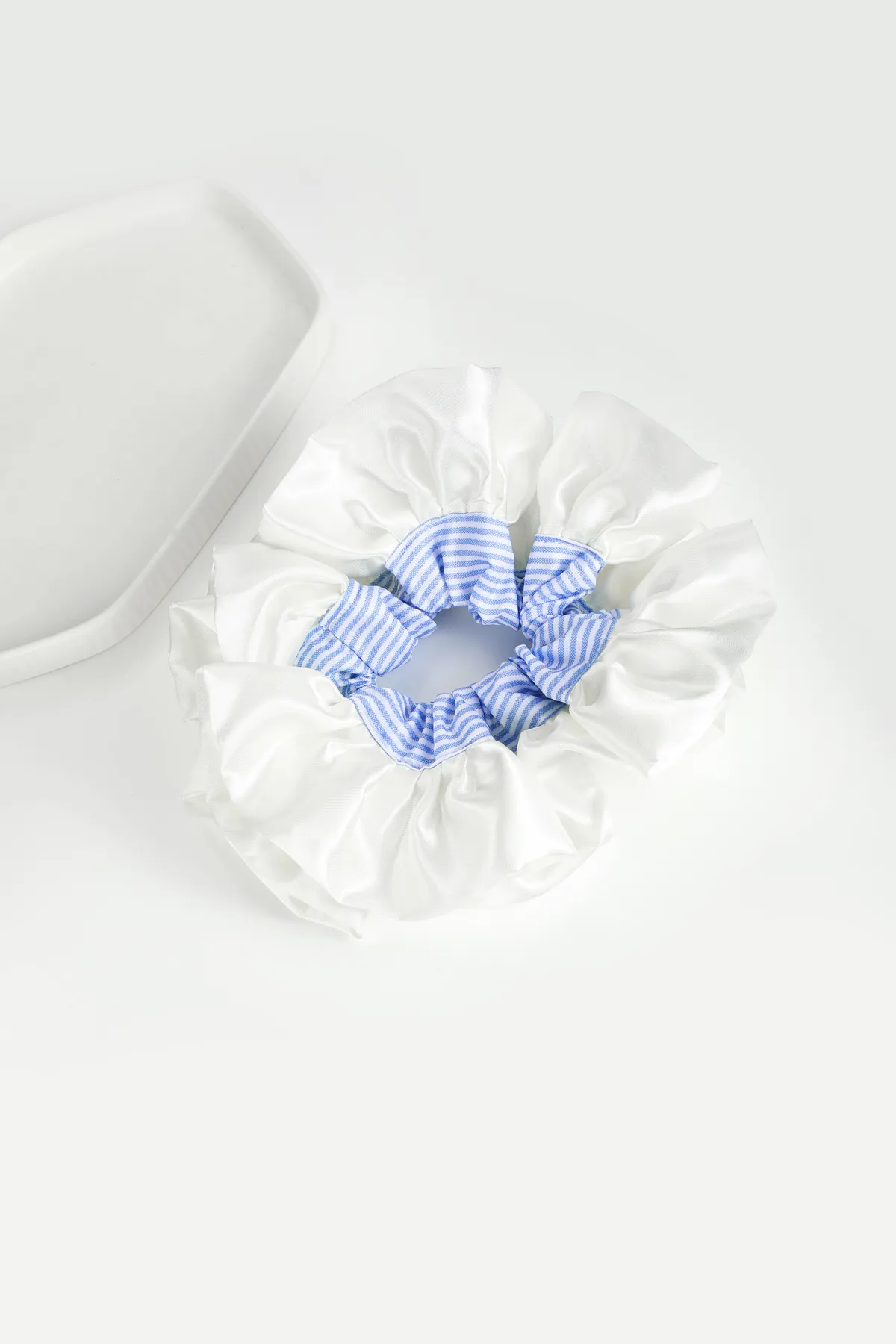 White Satin Scrunchie - Blue Gingham Trim product image 6