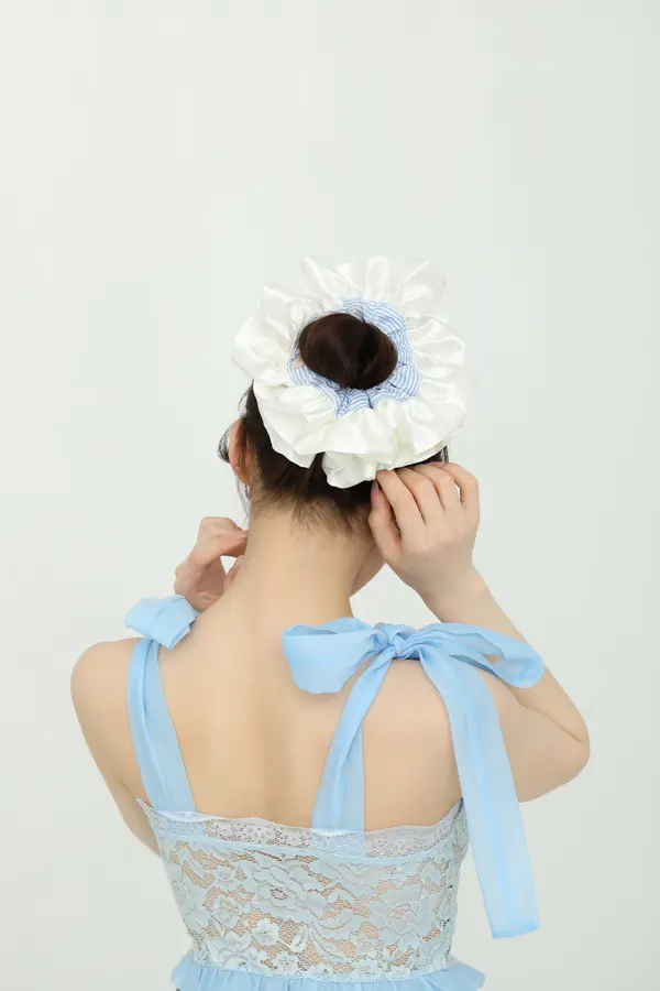 White Satin Scrunchie - Blue Gingham Trim product image 2