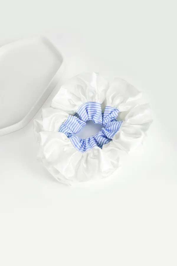 White Satin Scrunchie - Blue Gingham Trim product image 6