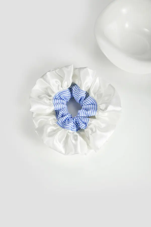 White Satin Scrunchie - Blue Gingham Trim product image 7