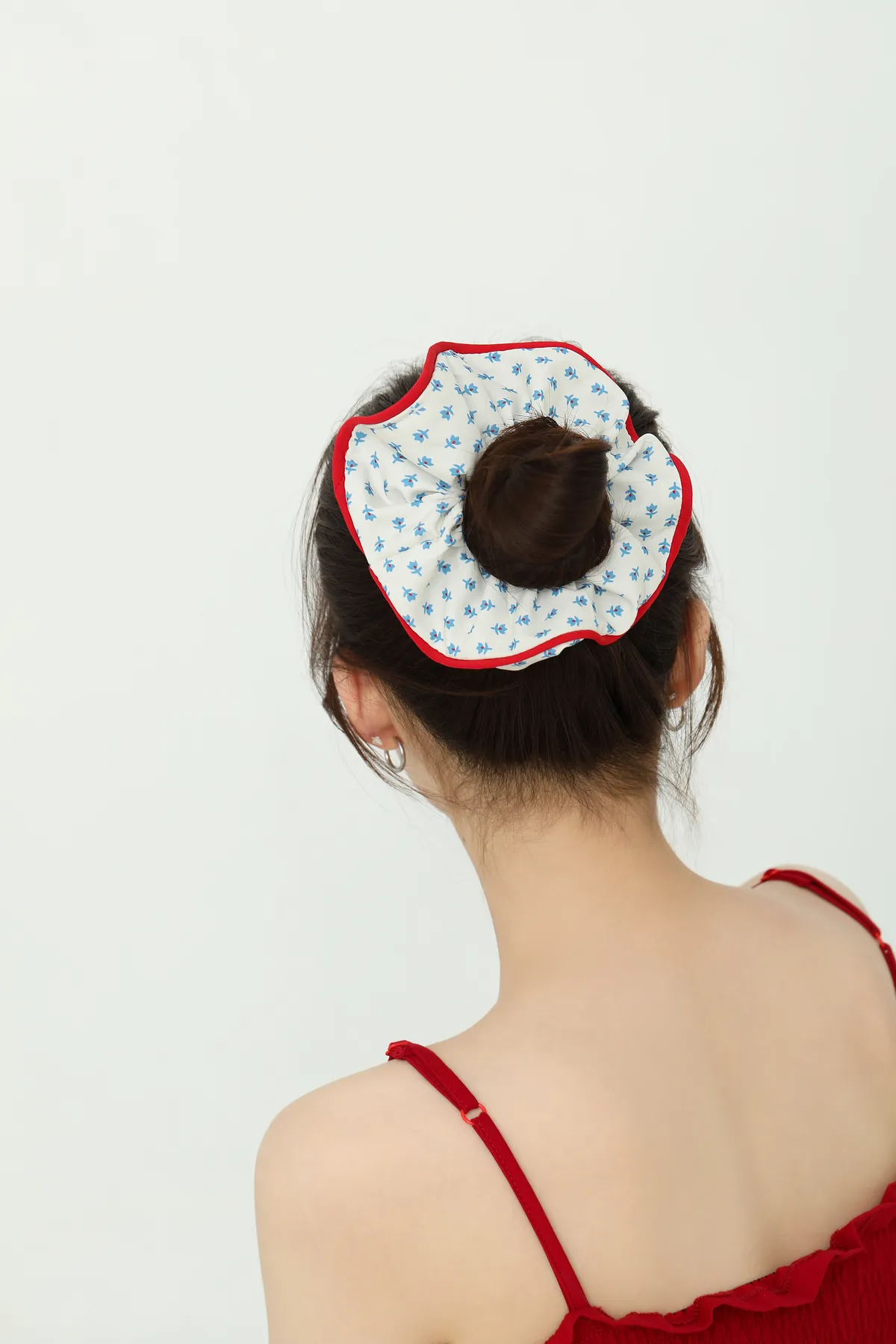 Blue Floral Ruffle Scrunchie - Red-Trim Hair Tie product image 1