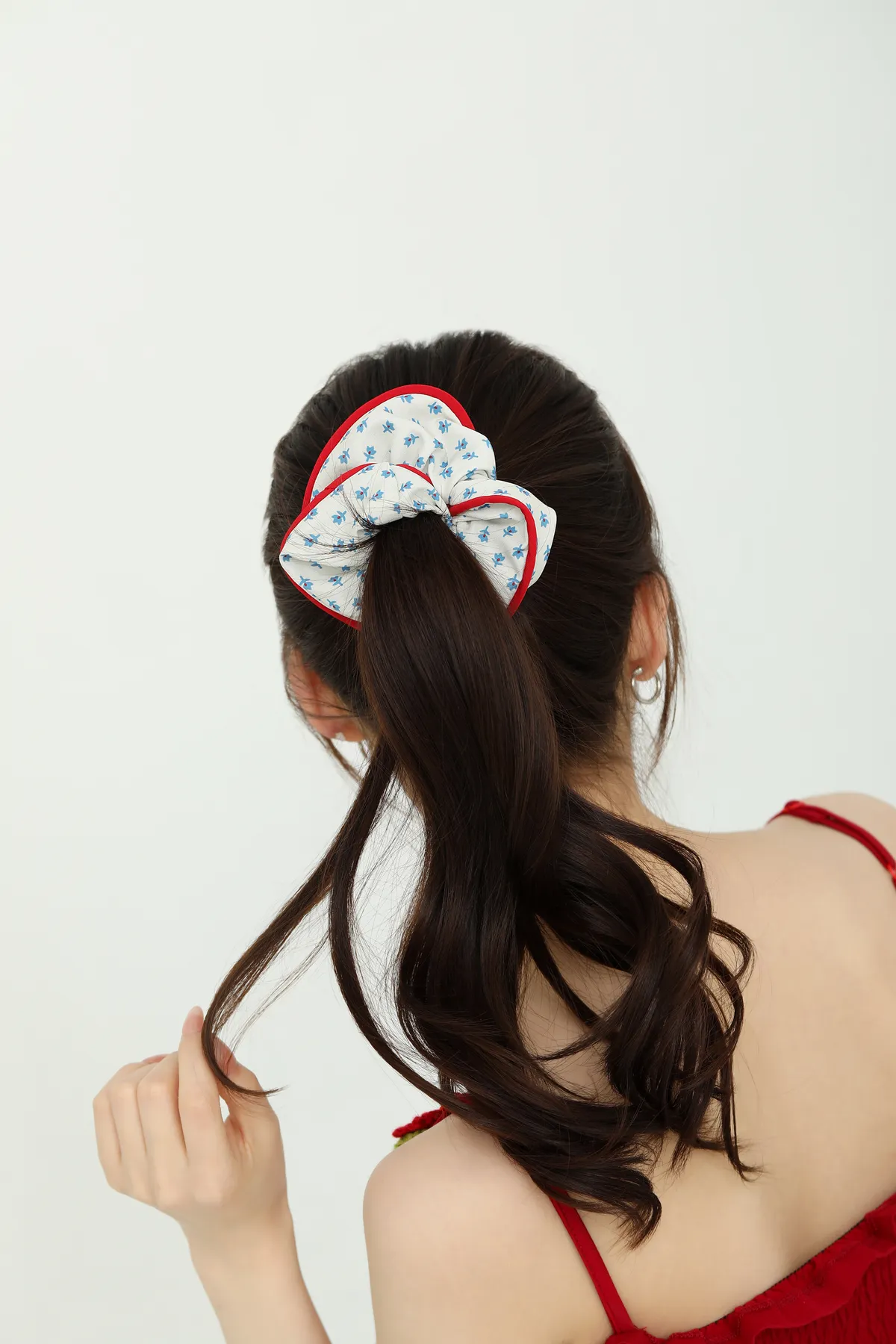 Blue Floral Ruffle Scrunchie - Red-Trim Hair Tie product image 4