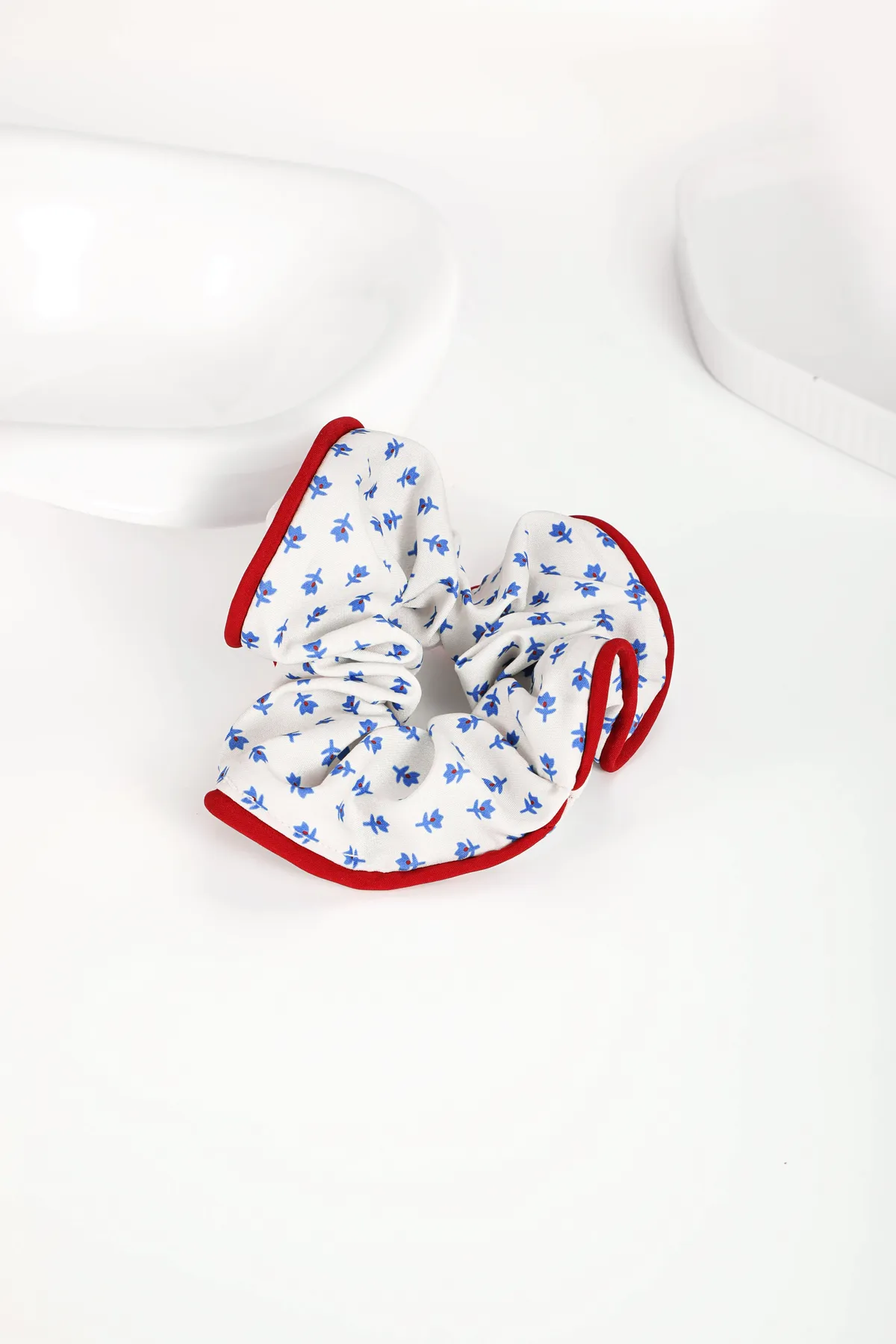 Blue Floral Ruffle Scrunchie - Red-Trim Hair Tie product image 7