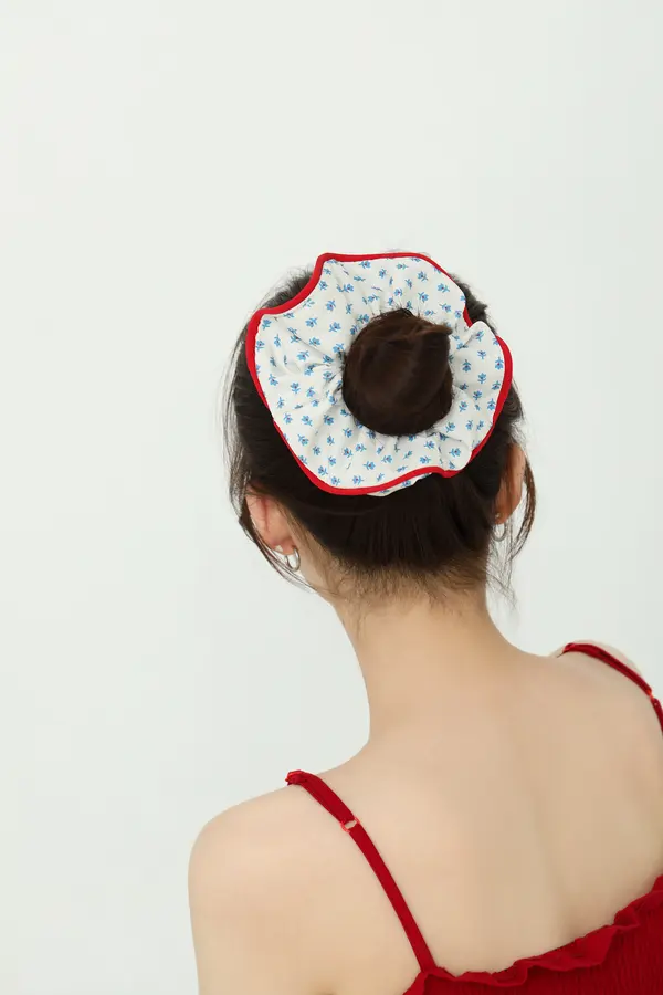 Blue Floral Ruffle Scrunchie - Red-Trim Hair Tie product image 1
