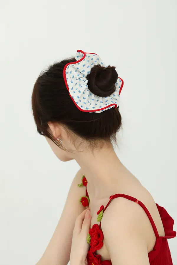 Blue Floral Ruffle Scrunchie - Red-Trim Hair Tie product image 2