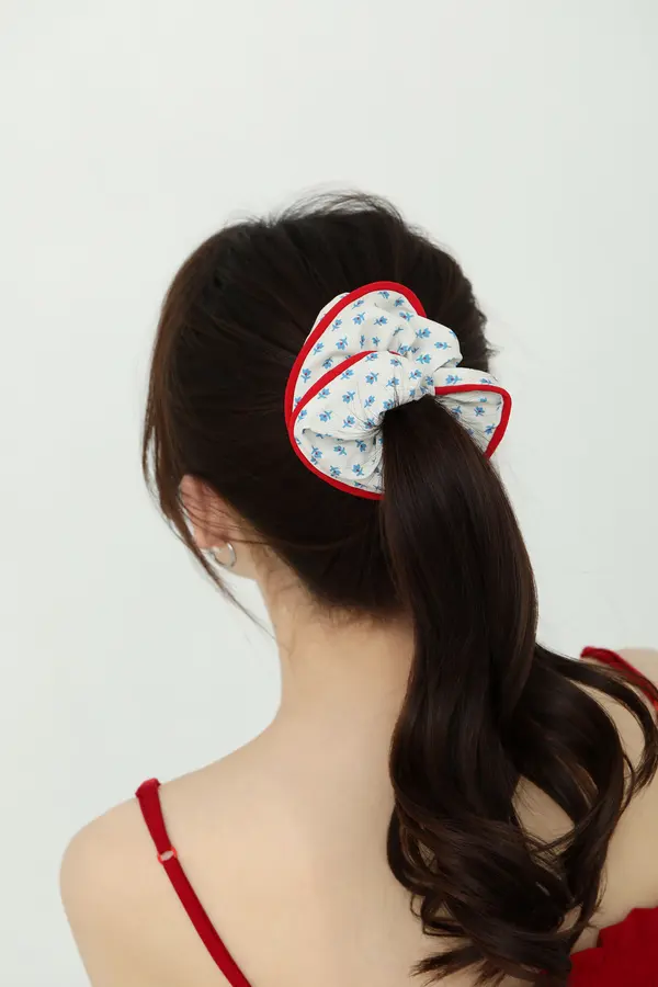 Blue Floral Ruffle Scrunchie - Red-Trim Hair Tie product image 3