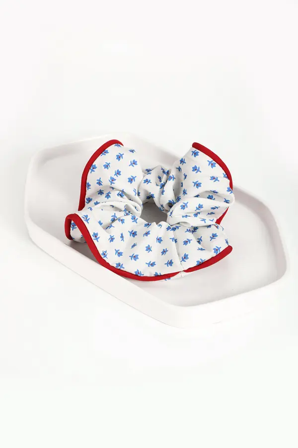 Blue Floral Ruffle Scrunchie - Red-Trim Hair Tie product image 6