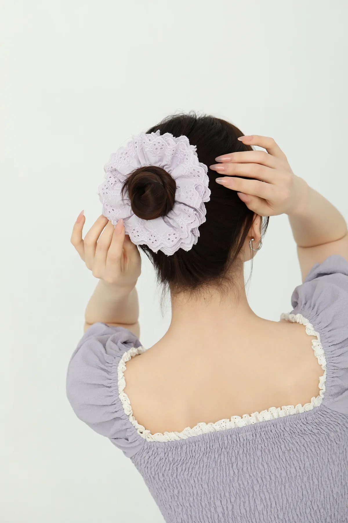Lavender Lace-Trim Scrunchie - Soft Satin Hair Tie product image 1