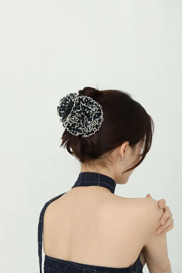 Navy Crochet Ruffle Scrunchie - Handmade-Look Hair Tie product image 1
