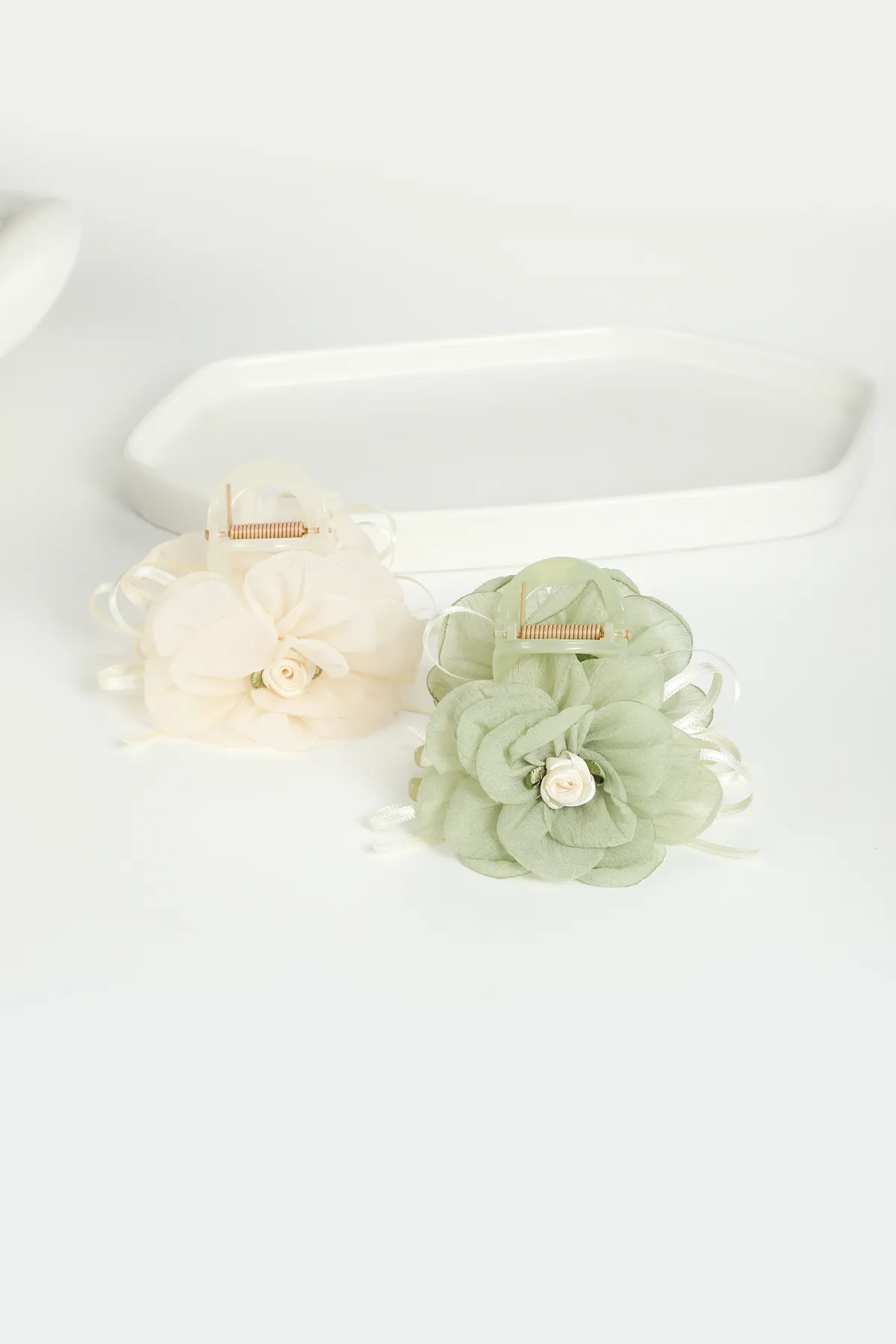 Sage Chiffon Flower Claw Clip - Pearl Center product image 5