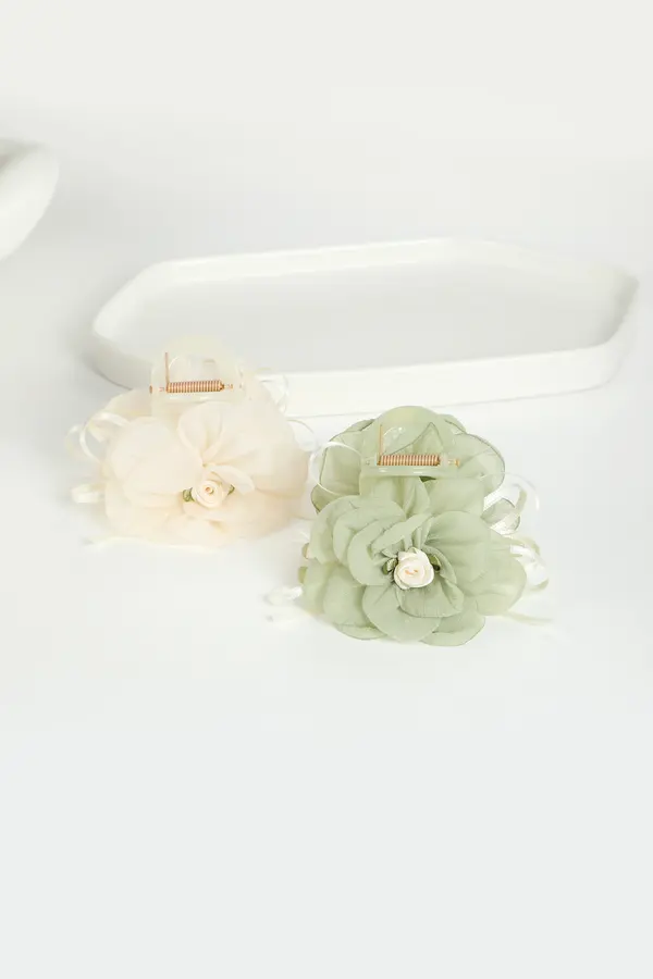 Sage Chiffon Flower Claw Clip - Pearl Center product image 5